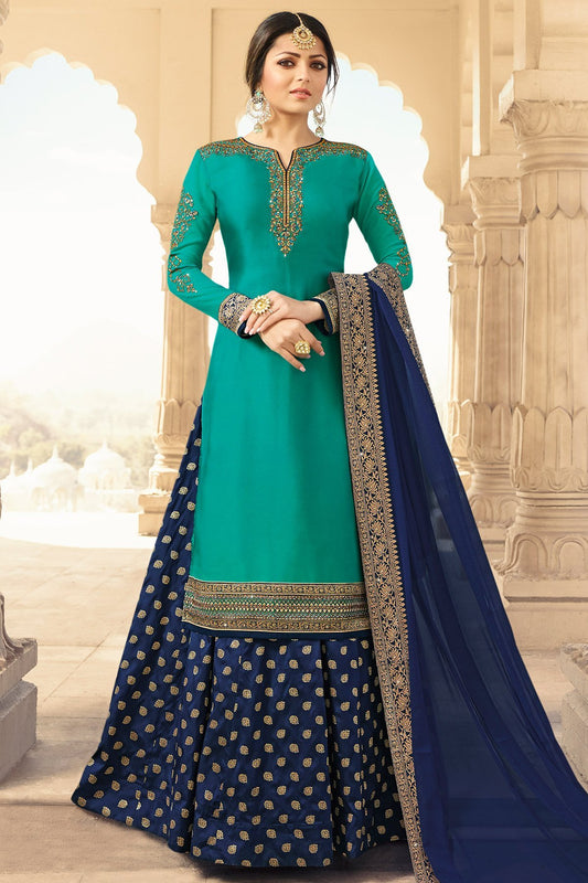Light Blue and Dark Blue Satin Georgette Sharara suit
