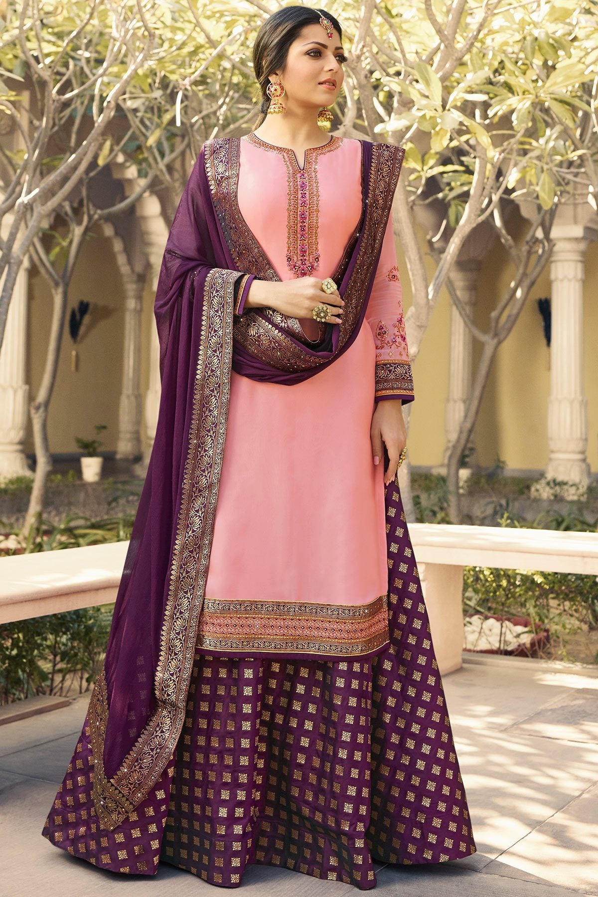Purple and Pink Satin Georgette Sharara Suit