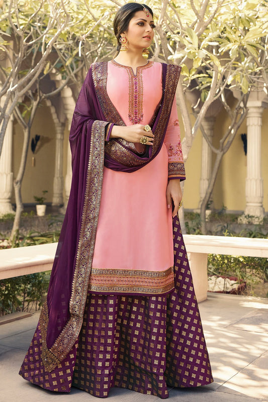 Purple and Pink Satin Georgette Sharara Suit