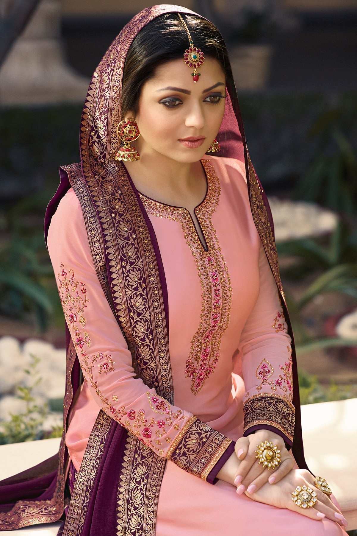 Purple and Pink Satin Georgette Sharara Suit