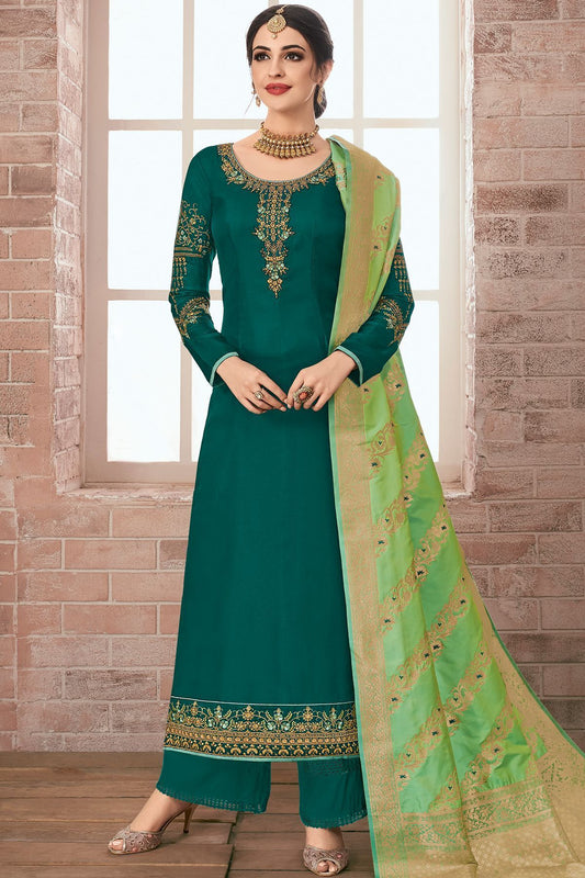 Ocean Blue Embroidered Georgette Straight Suit