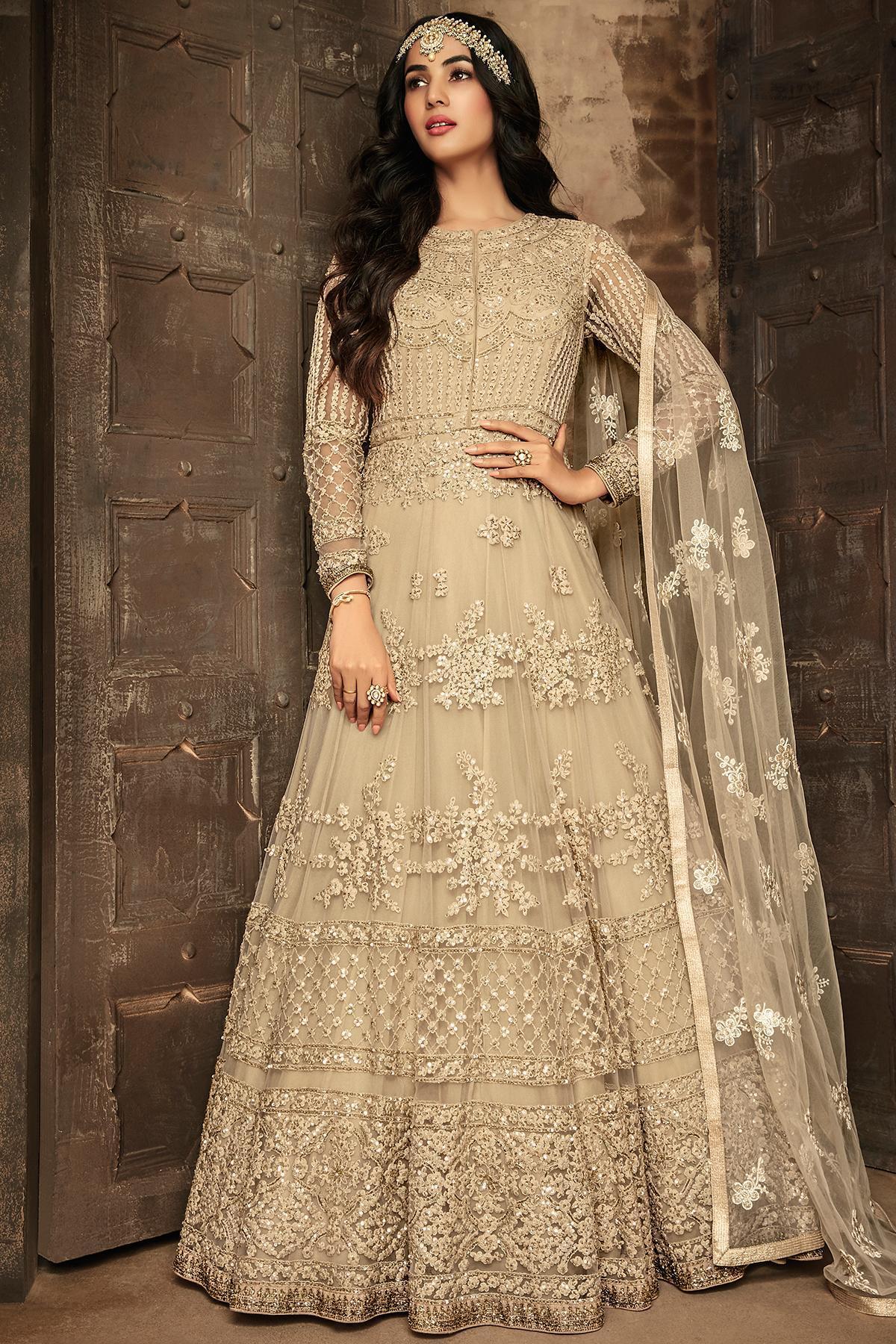 Off White Embroidered Designer Anarkali Suit