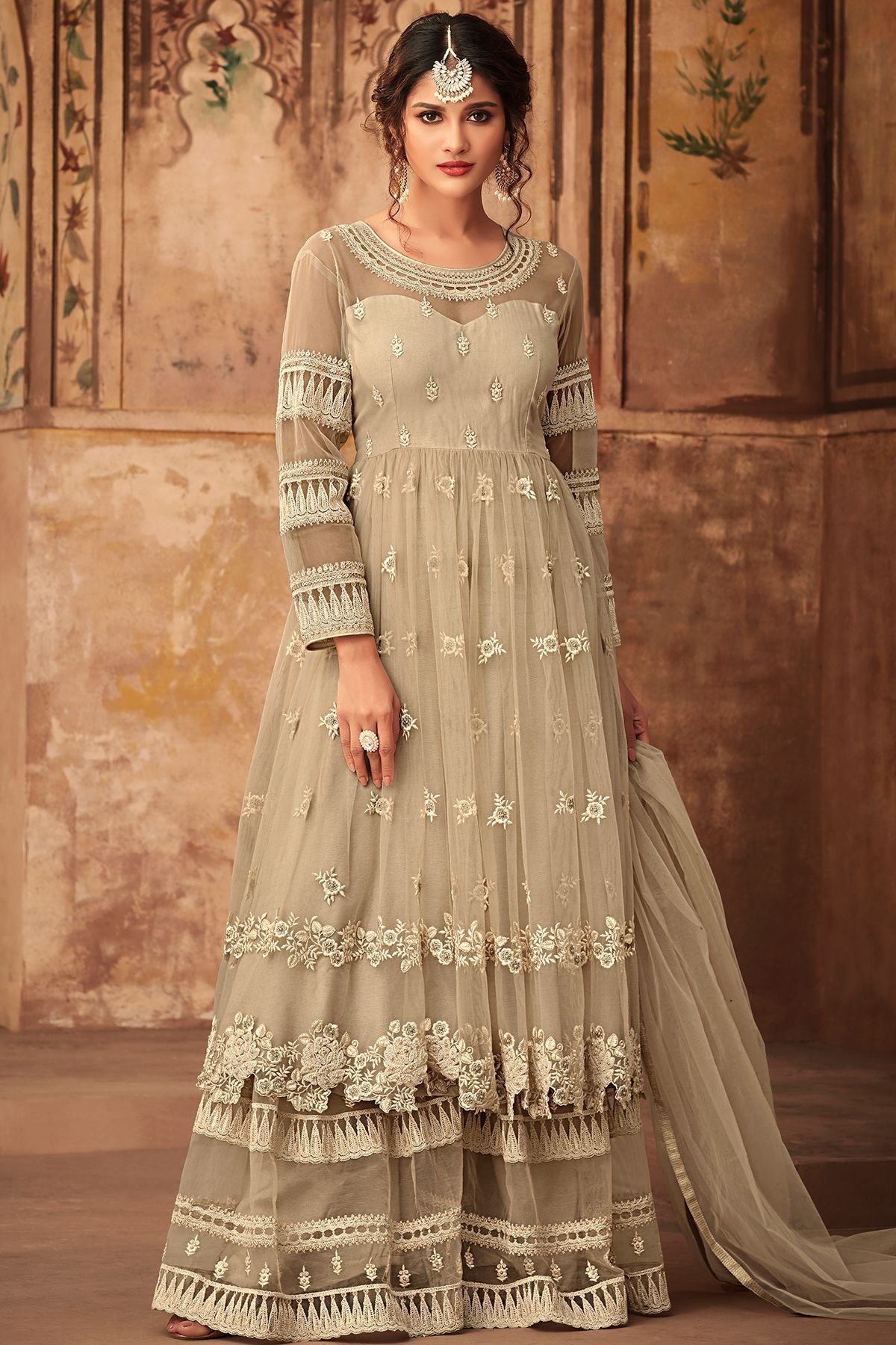 Off White Net Embroidered palazzo Suit