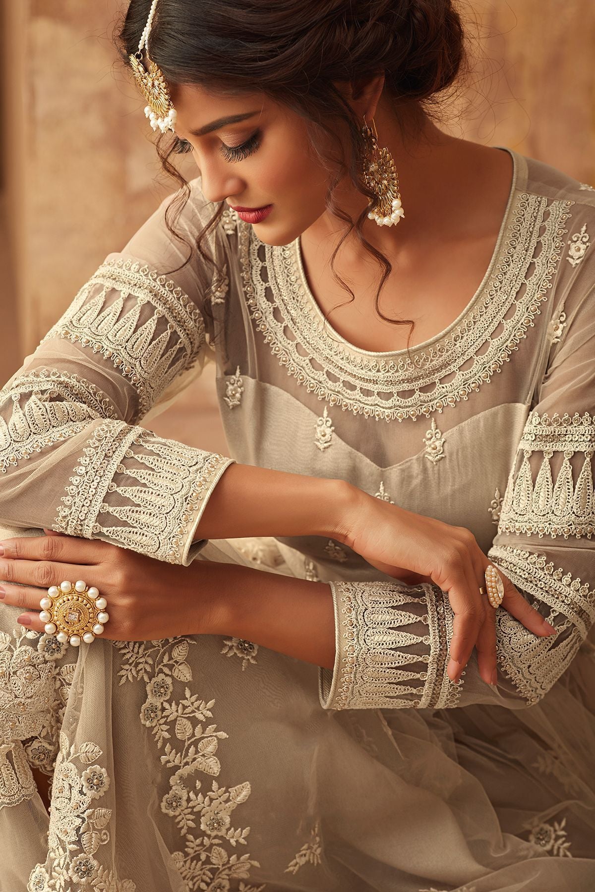 Off White Net Embroidered palazzo Suit