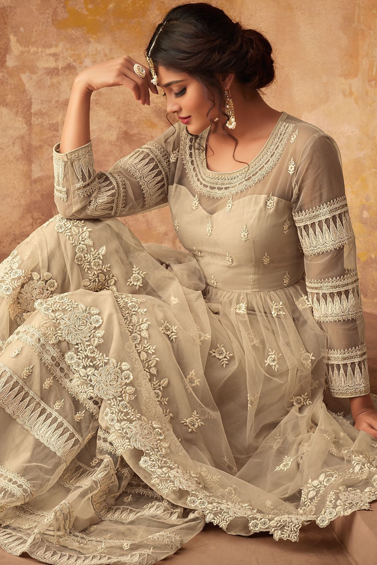 Off White Net Embroidered palazzo Suit