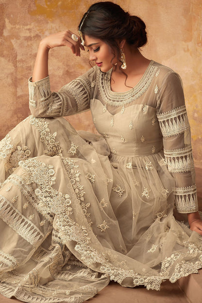 Off White Net Embroidered palazzo Suit
