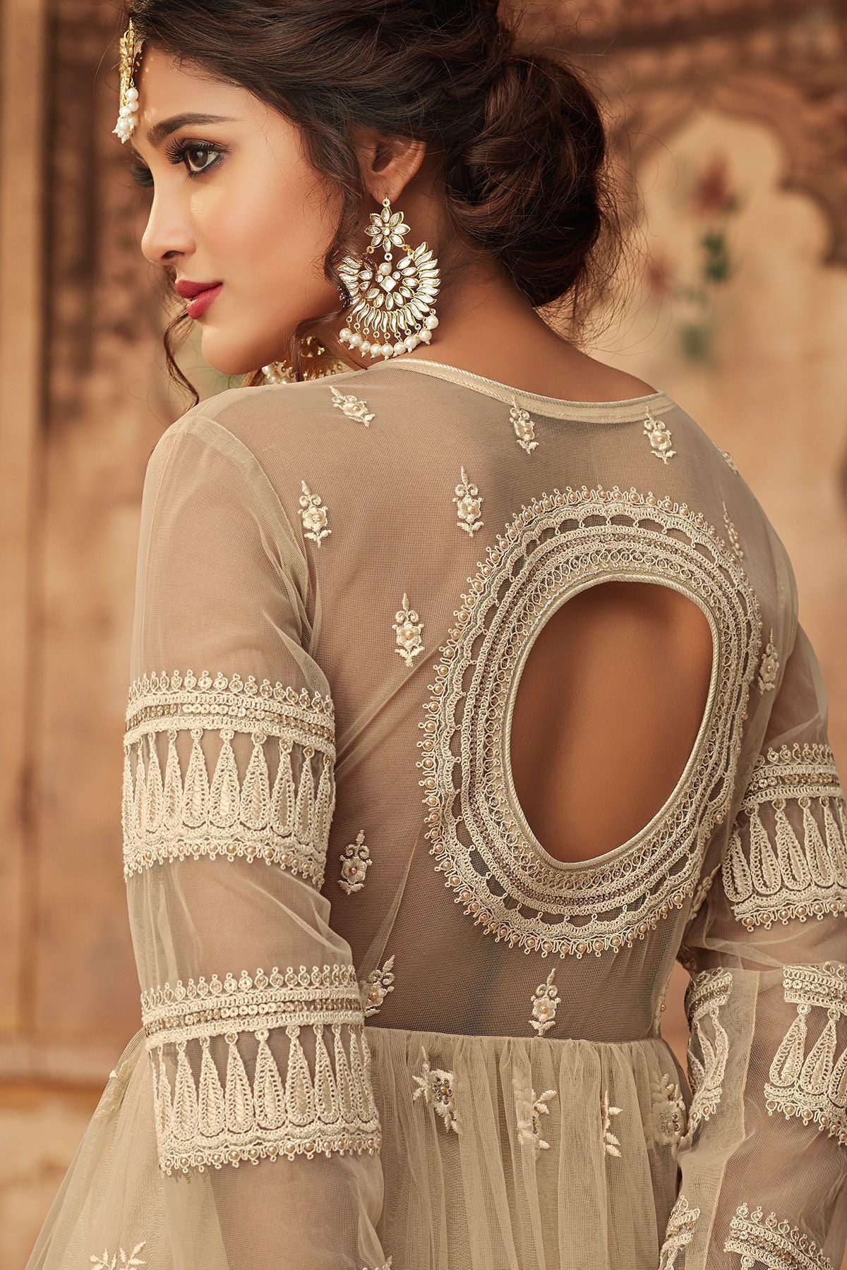Off White Net Embroidered palazzo Suit