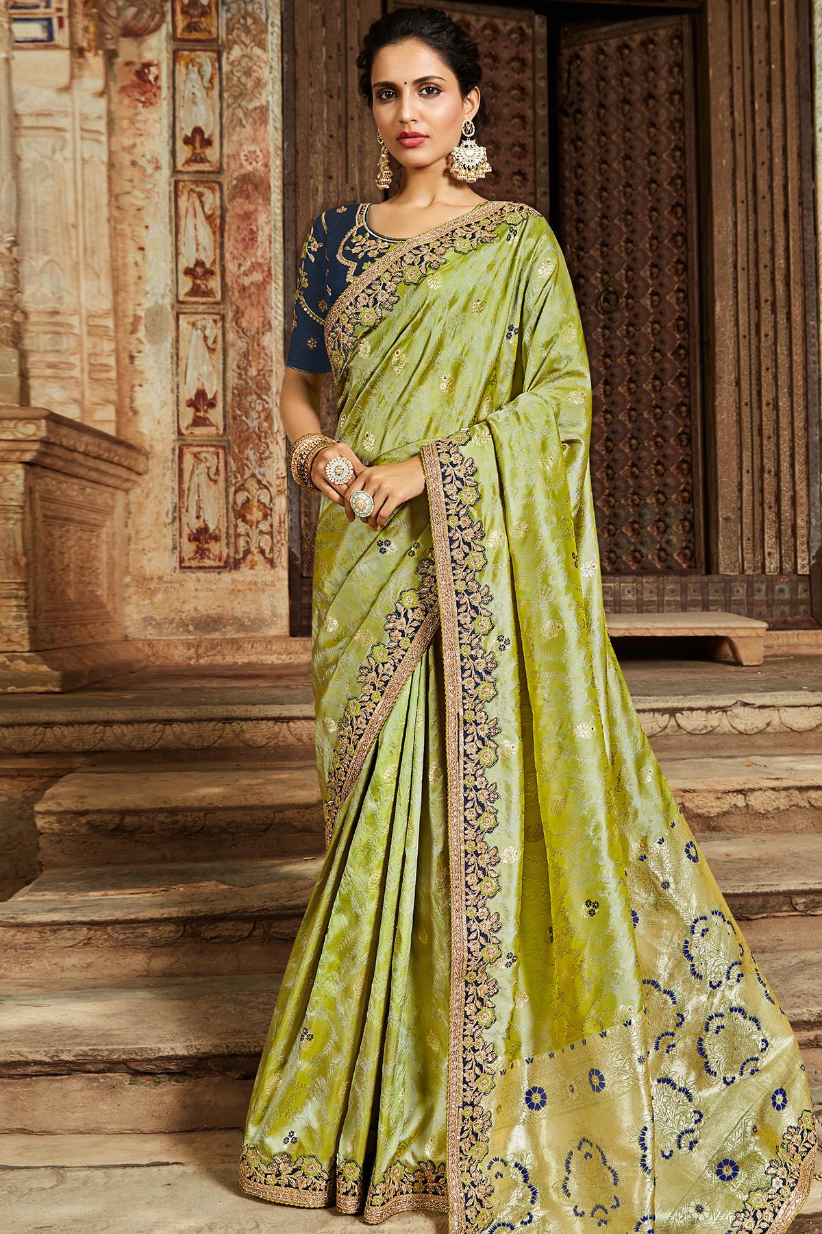 Olive Green And Royal Blue Banarasi Silk Sari