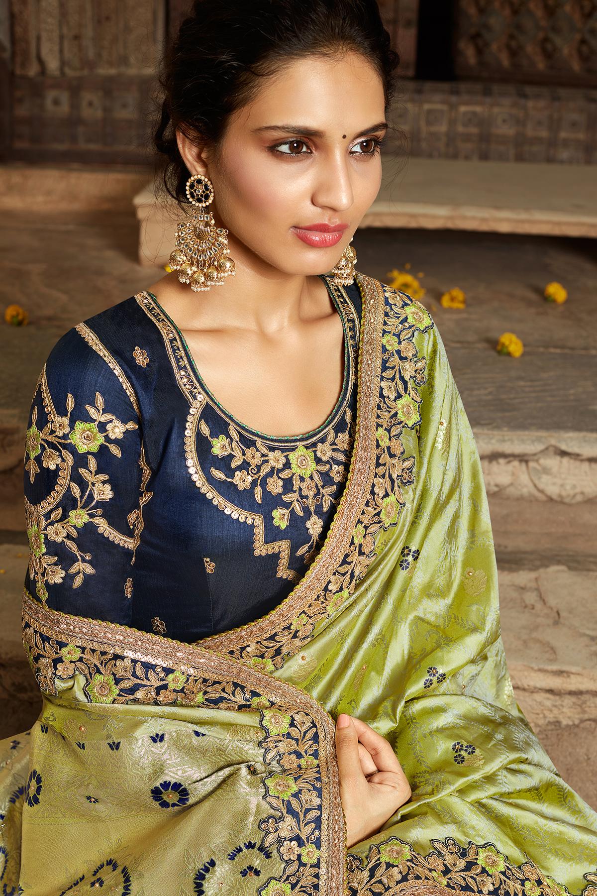 Olive Green And Royal Blue Banarasi Silk Sari