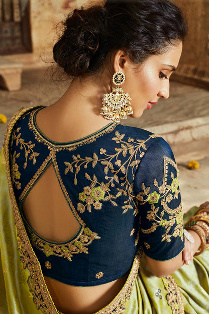 Olive Green And Royal Blue Banarasi Silk Sari