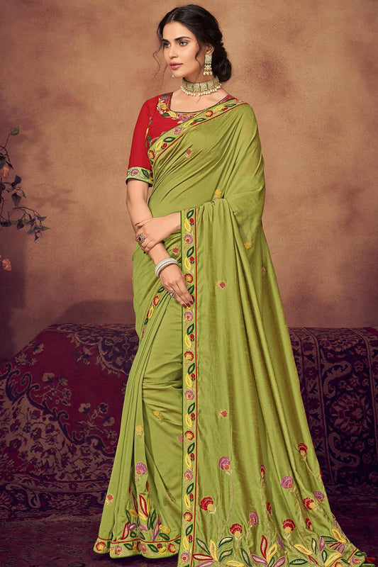 Olive Green And Scarlet Red Designer Saree