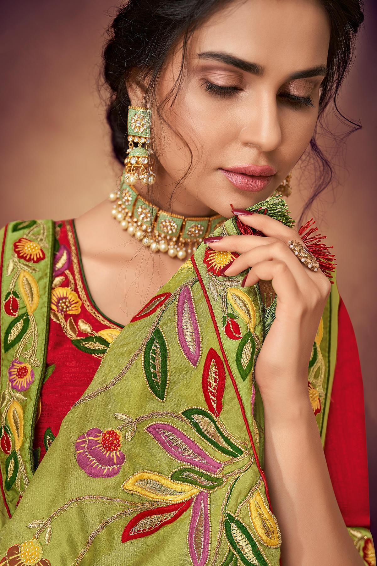 Olive Green And Scarlet Red Designer Saree