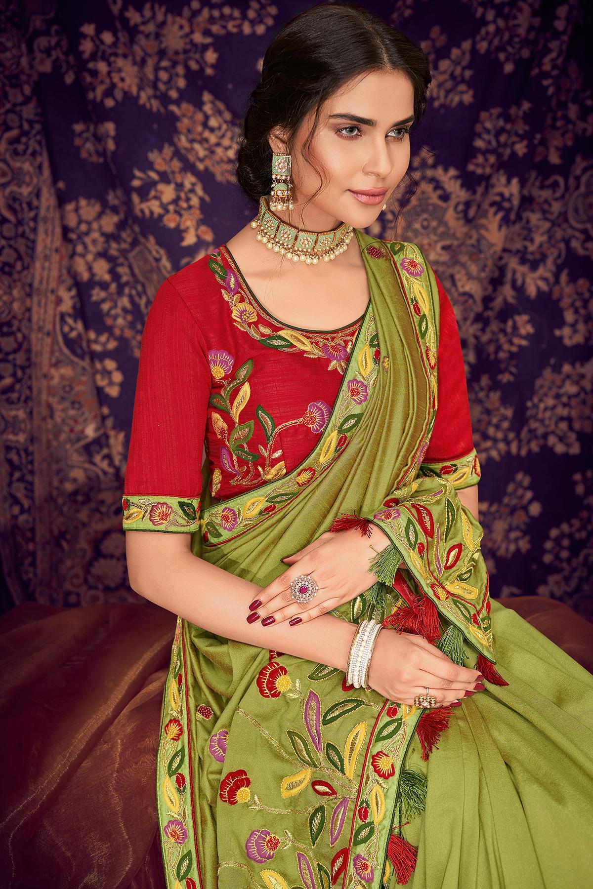 Olive Green And Scarlet Red Designer Saree