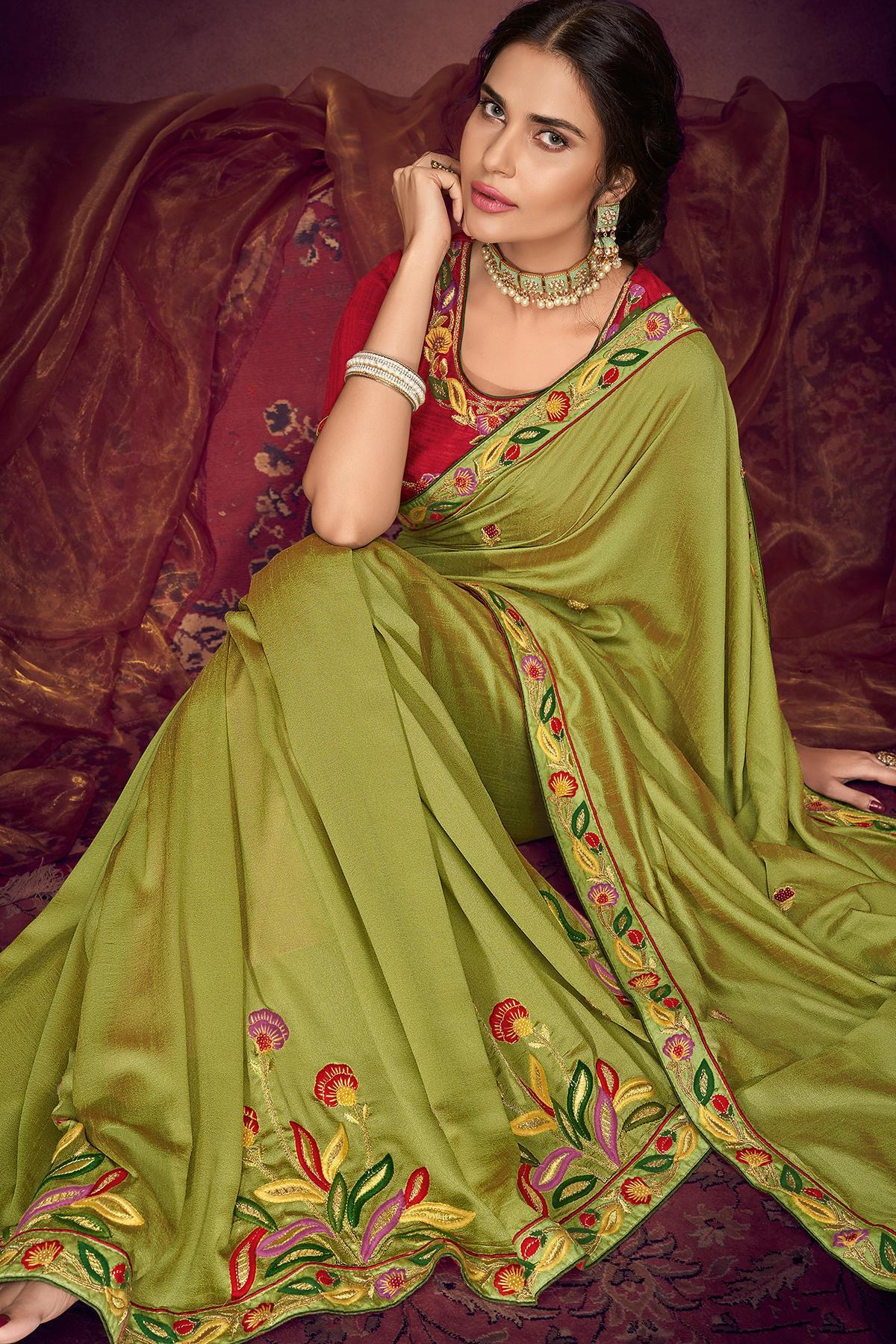 Olive Green And Scarlet Red Designer Saree