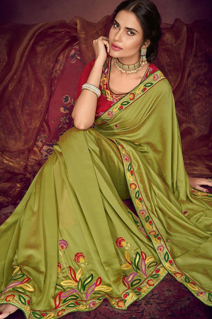 Olive Green And Scarlet Red Designer Saree