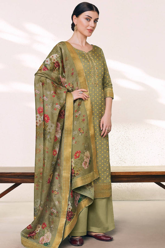 Olive Green Casual Printed Straight Suit