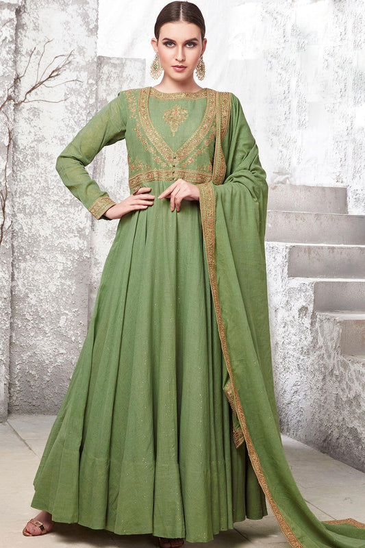 Olive Green Designer Cotton Maslin Gown