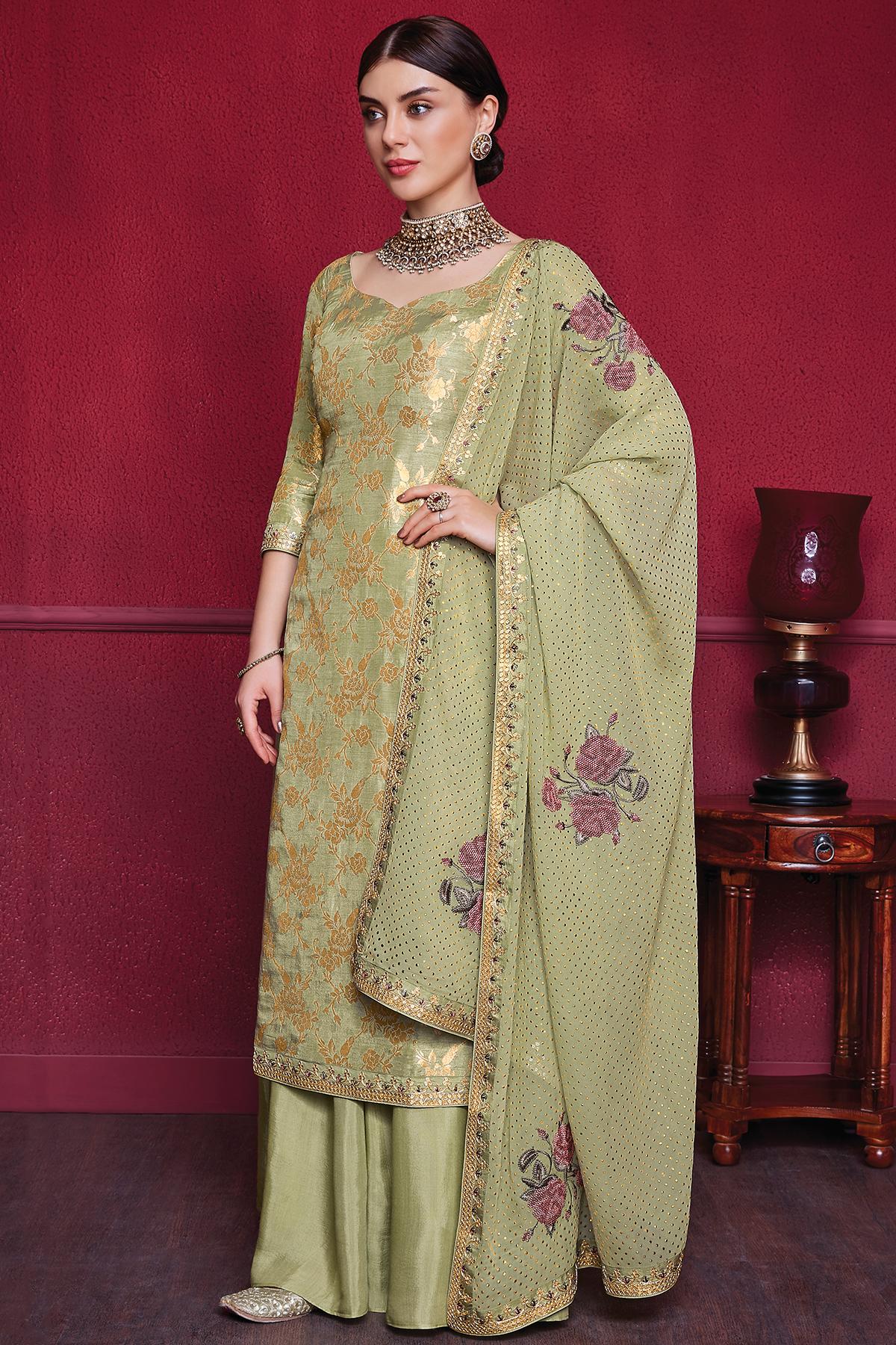 Olive Green Designer Dola Silk Palazzo Suit