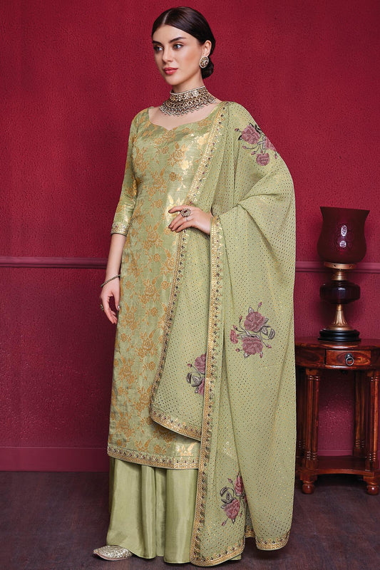 Olive Green Designer Dola Silk Palazzo Suit