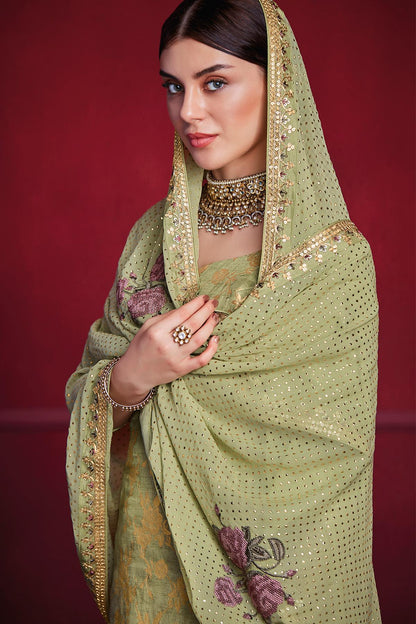 Olive Green Designer Dola Silk Palazzo Suit
