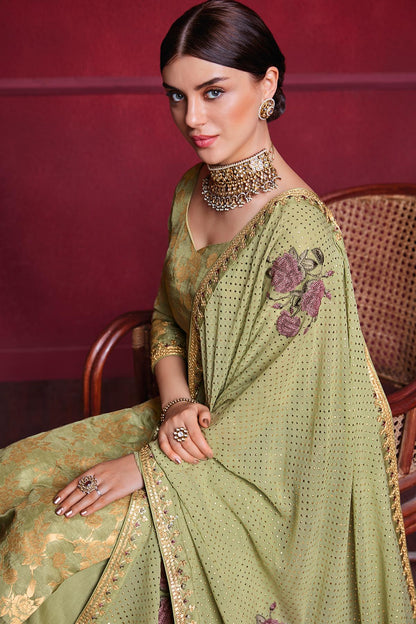 Olive Green Designer Dola Silk Palazzo Suit