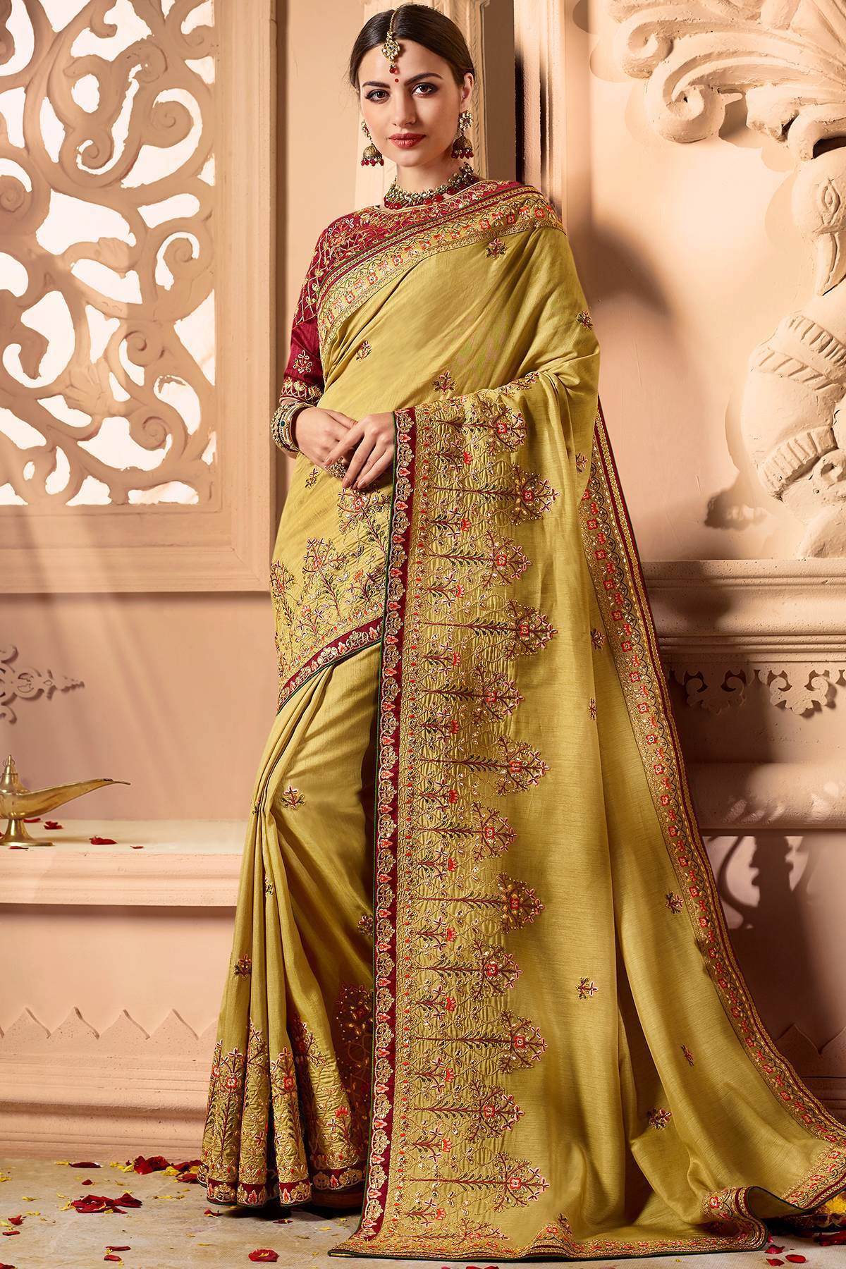 Olive Green Designer Embroidered Bridal Silk Sari