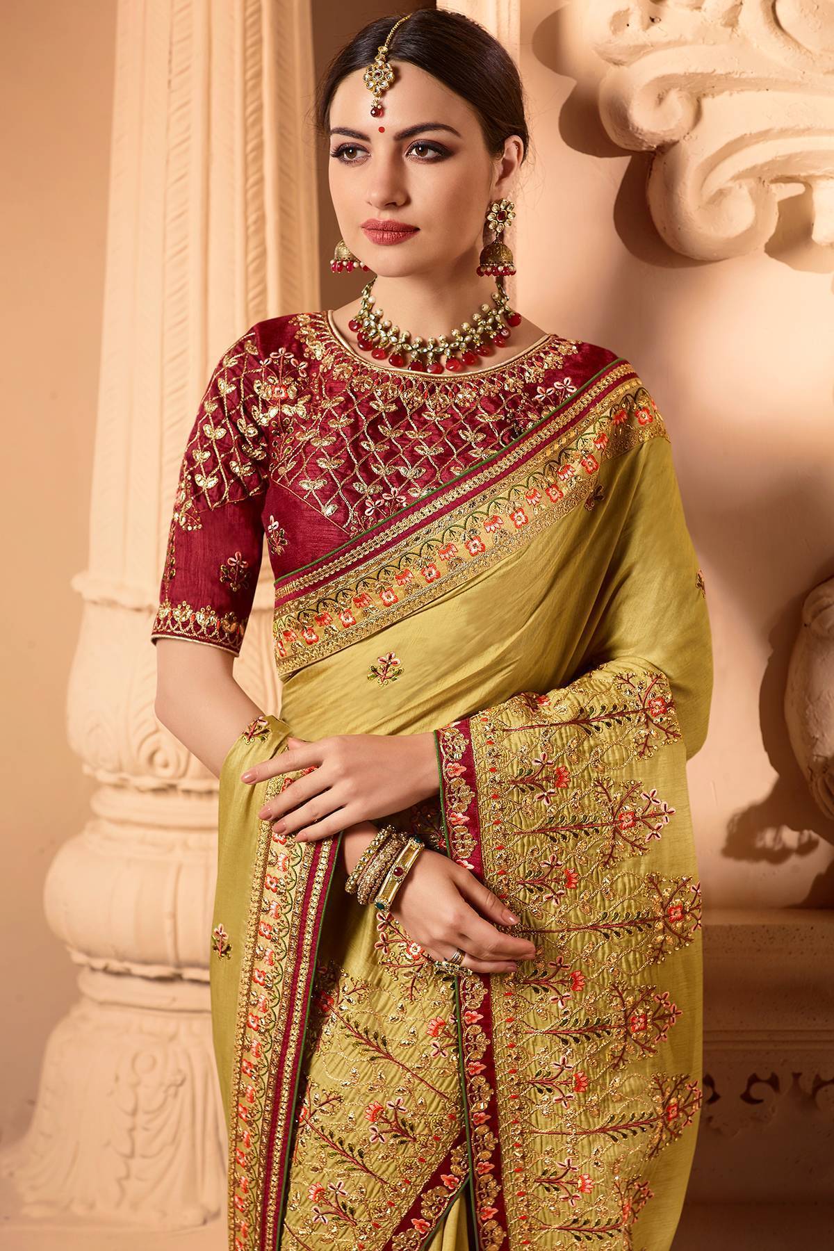 Olive Green Designer Embroidered Bridal Silk Sari