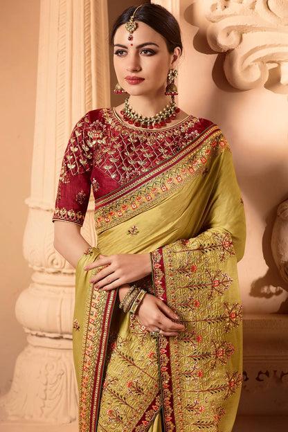 Olive Green Designer Embroidered Bridal Silk Sari