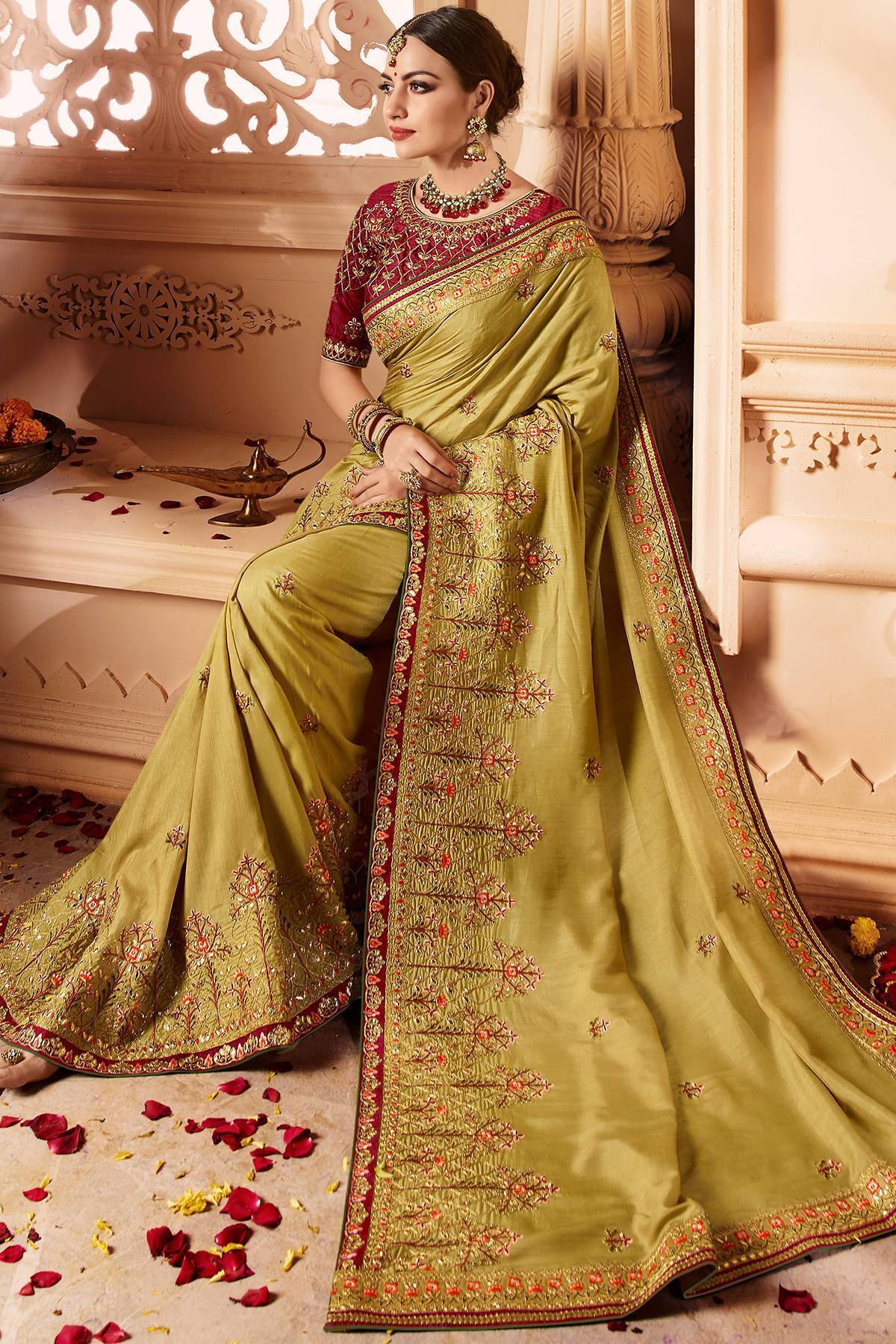 Olive Green Designer Embroidered Bridal Silk Sari