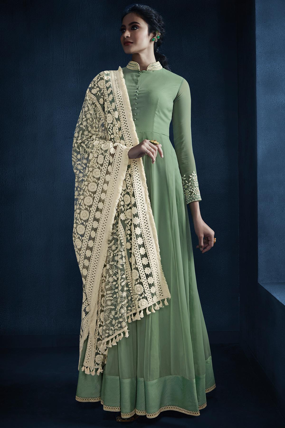 Olive Green Designer Georgette Gown