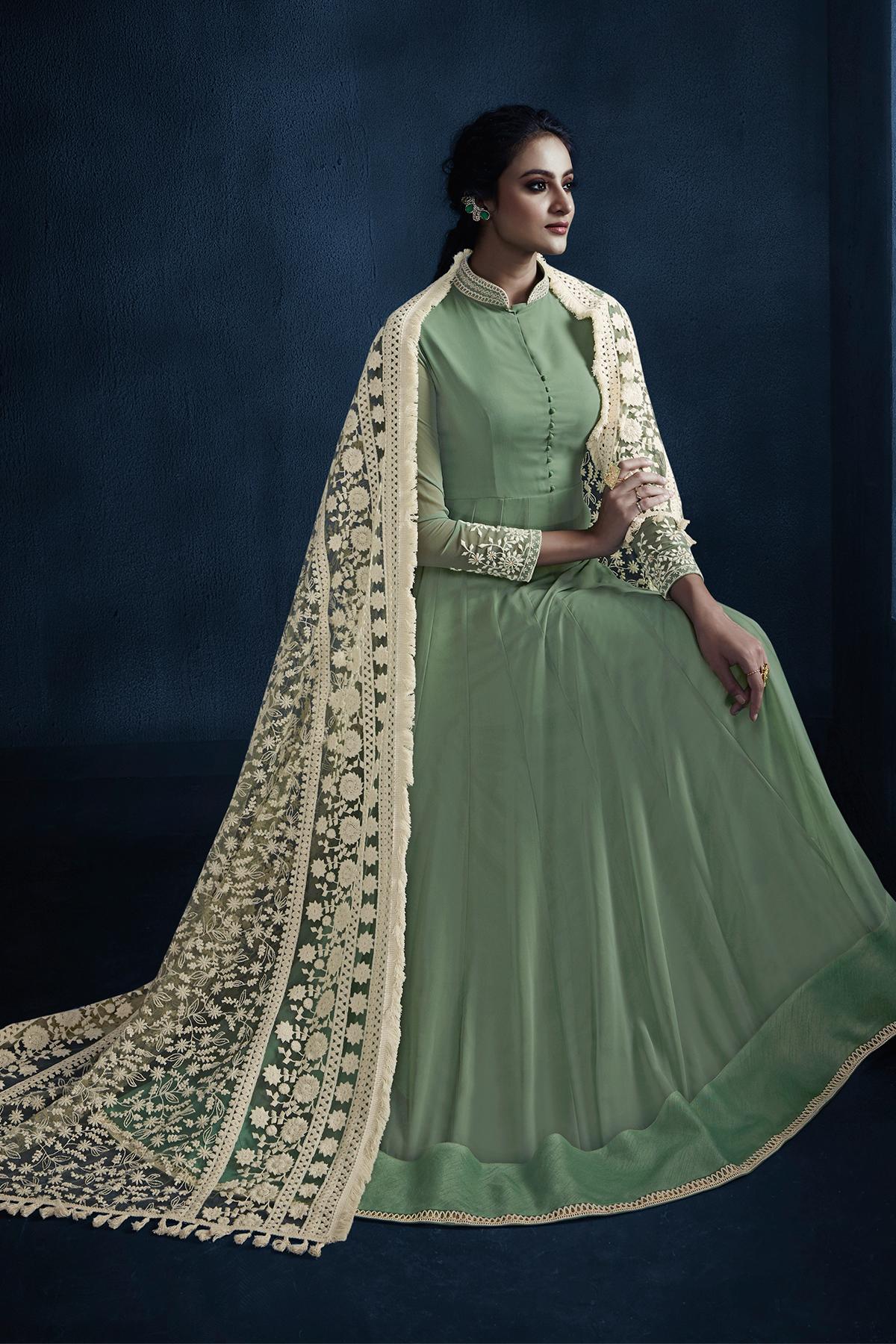 Olive Green Designer Georgette Gown