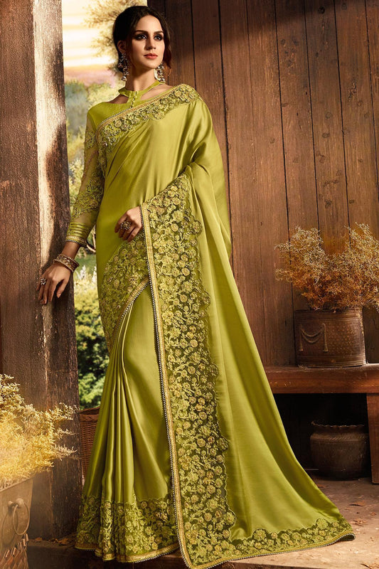 Olive Green Designer Party Wear Silk Sari