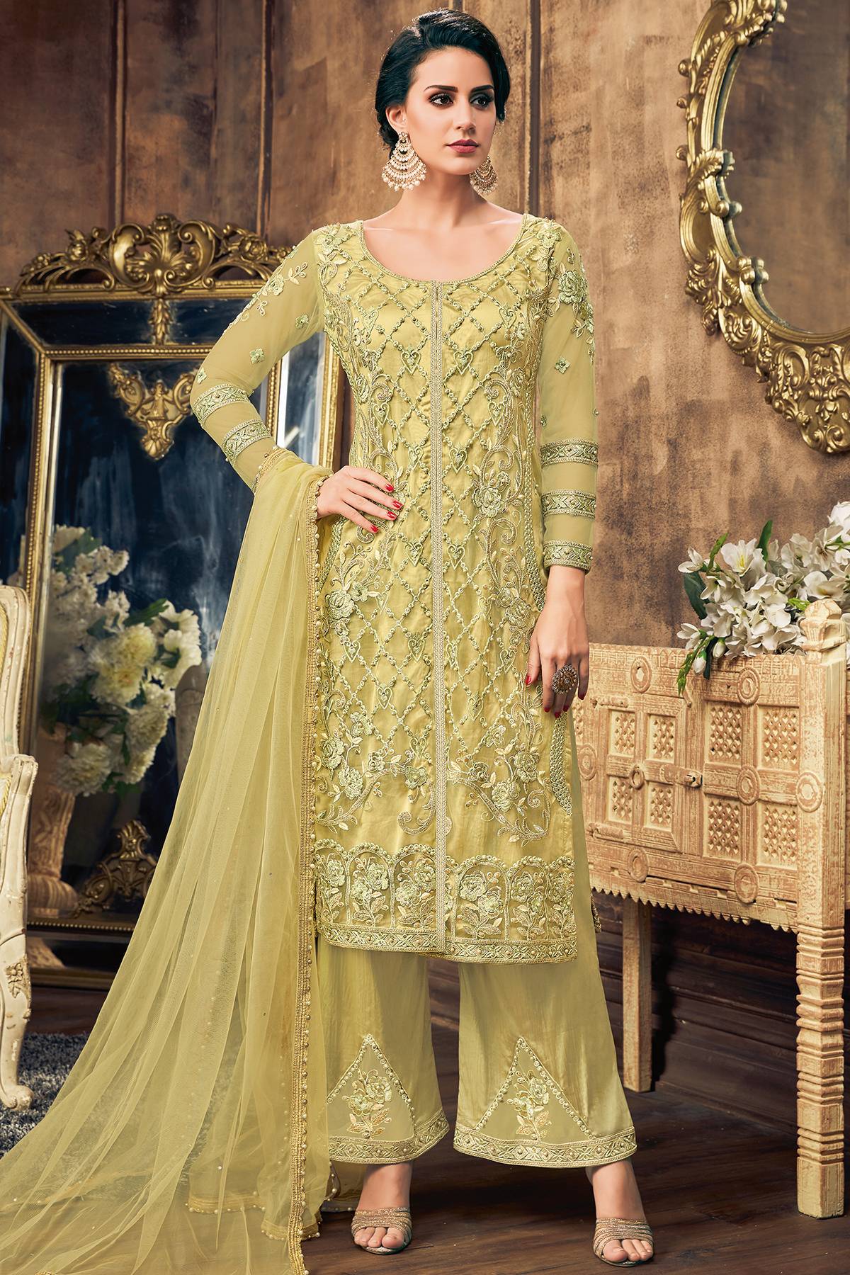 Olive Green Designer Straight Suit