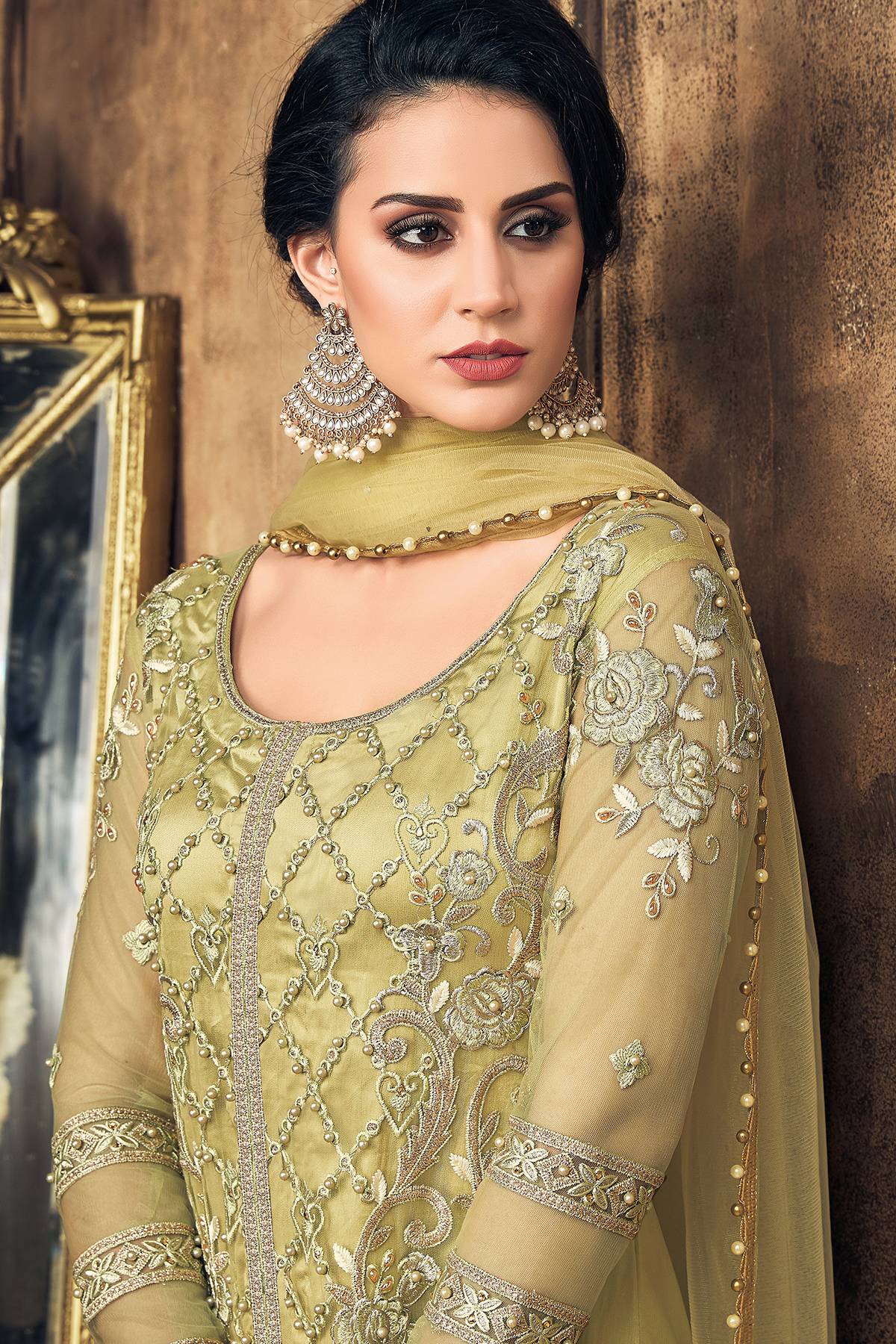 Olive Green Designer Straight Suit