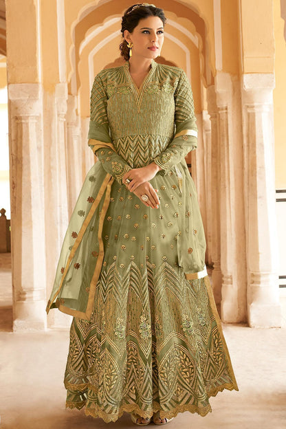 Olive Green Net Party Wear Anarkali Suit