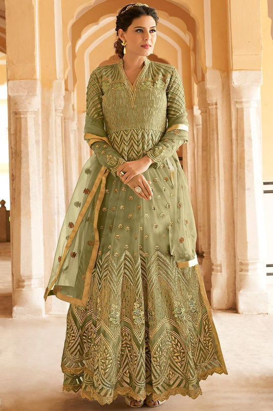 Olive Green Net Party Wear Anarkali Suit