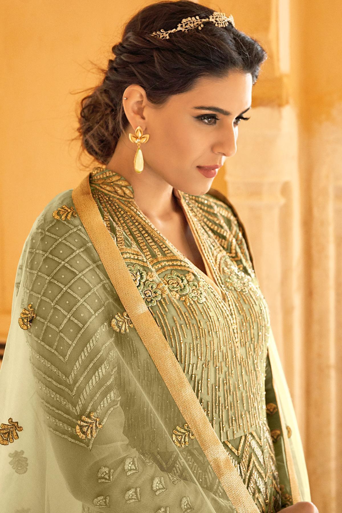 Olive Green Net Party Wear Anarkali Suit