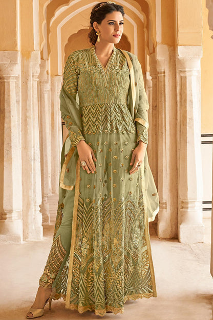 Olive Green Net Party Wear Anarkali Suit