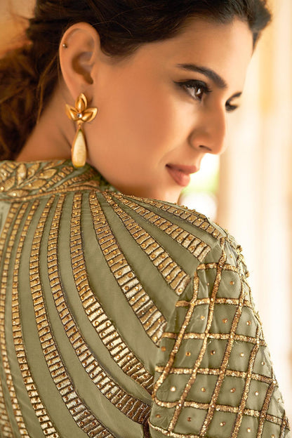 Olive Green Net Party Wear Anarkali Suit