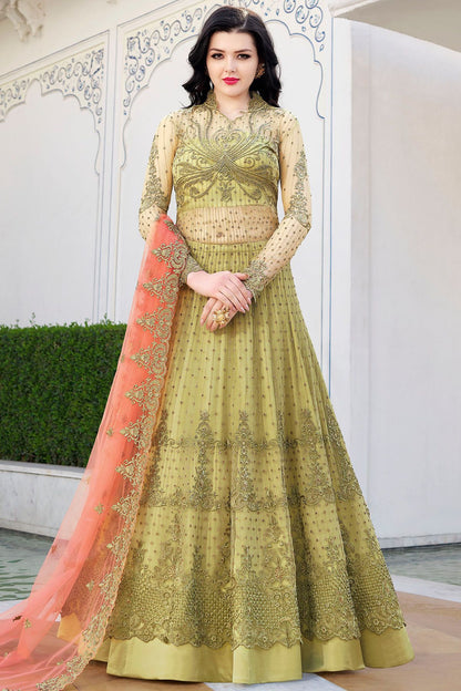 Olive Green Net Slit Cut Anarkali Suit