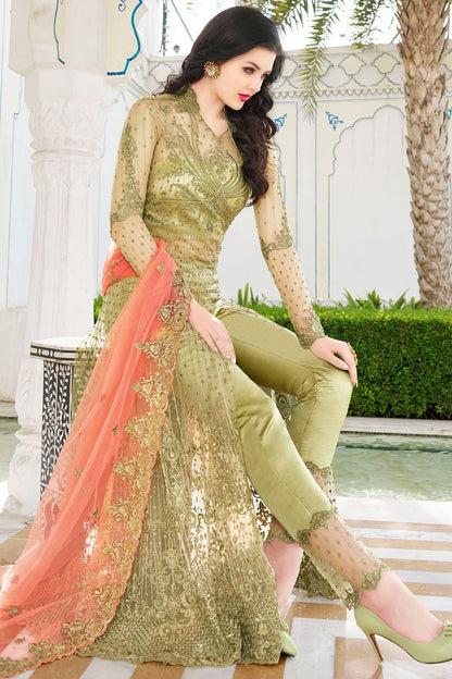 Olive Green Net Slit Cut Anarkali Suit