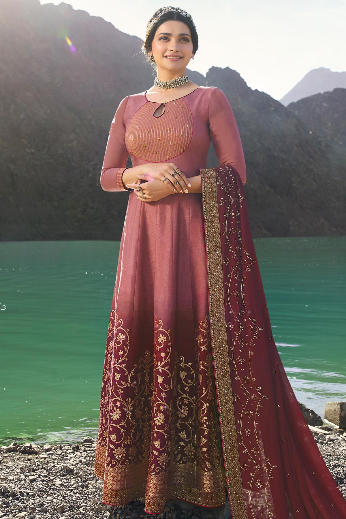 Onion Pink and Wine Embroidered Anarkali Suit
