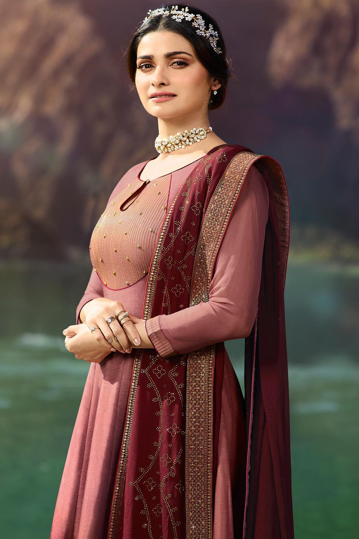 Onion Pink and Wine Embroidered Anarkali Suit