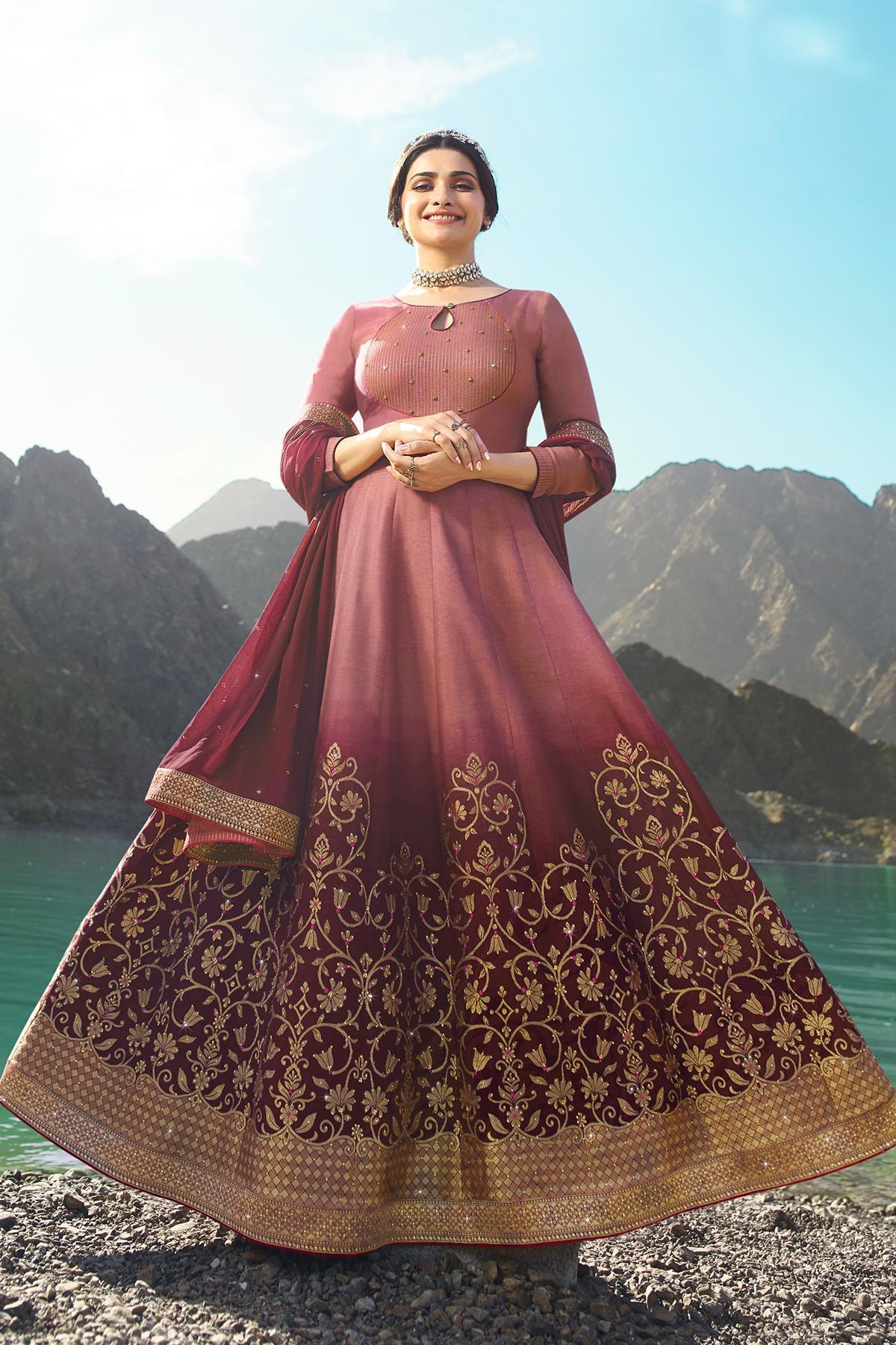 Onion Pink and Wine Embroidered Anarkali Suit