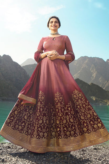Onion Pink and Wine Embroidered Anarkali Suit