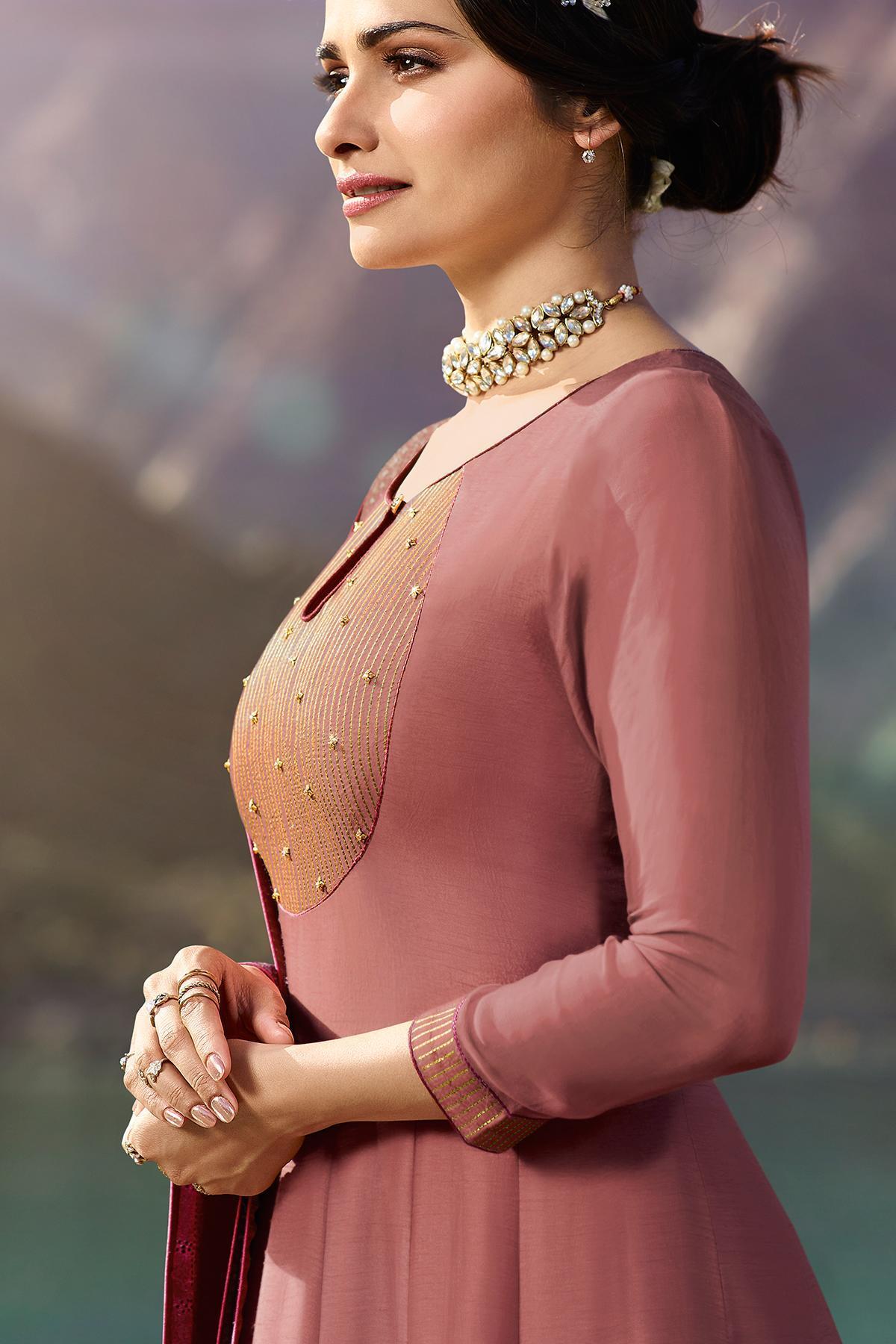 Onion Pink and Wine Embroidered Anarkali Suit