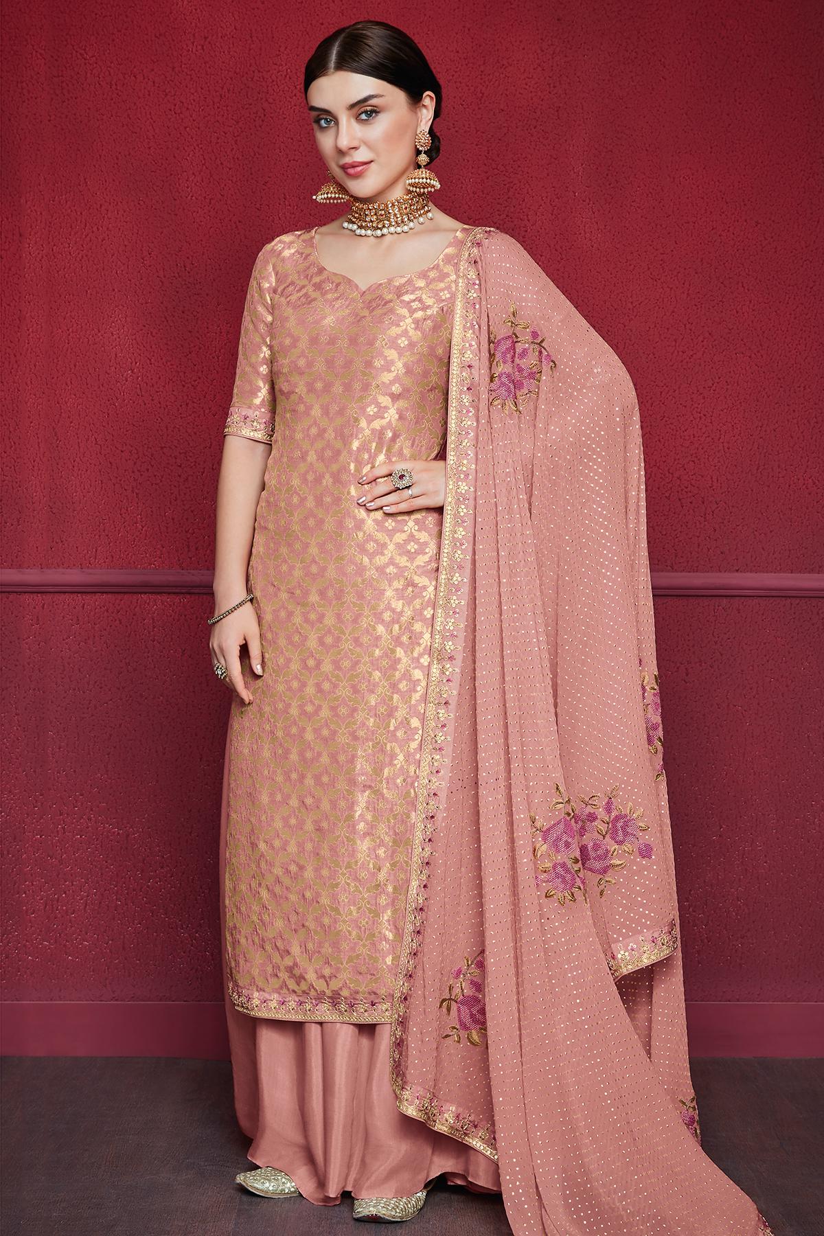 Onion Pink Designer Dola Silk Palazzo Suit