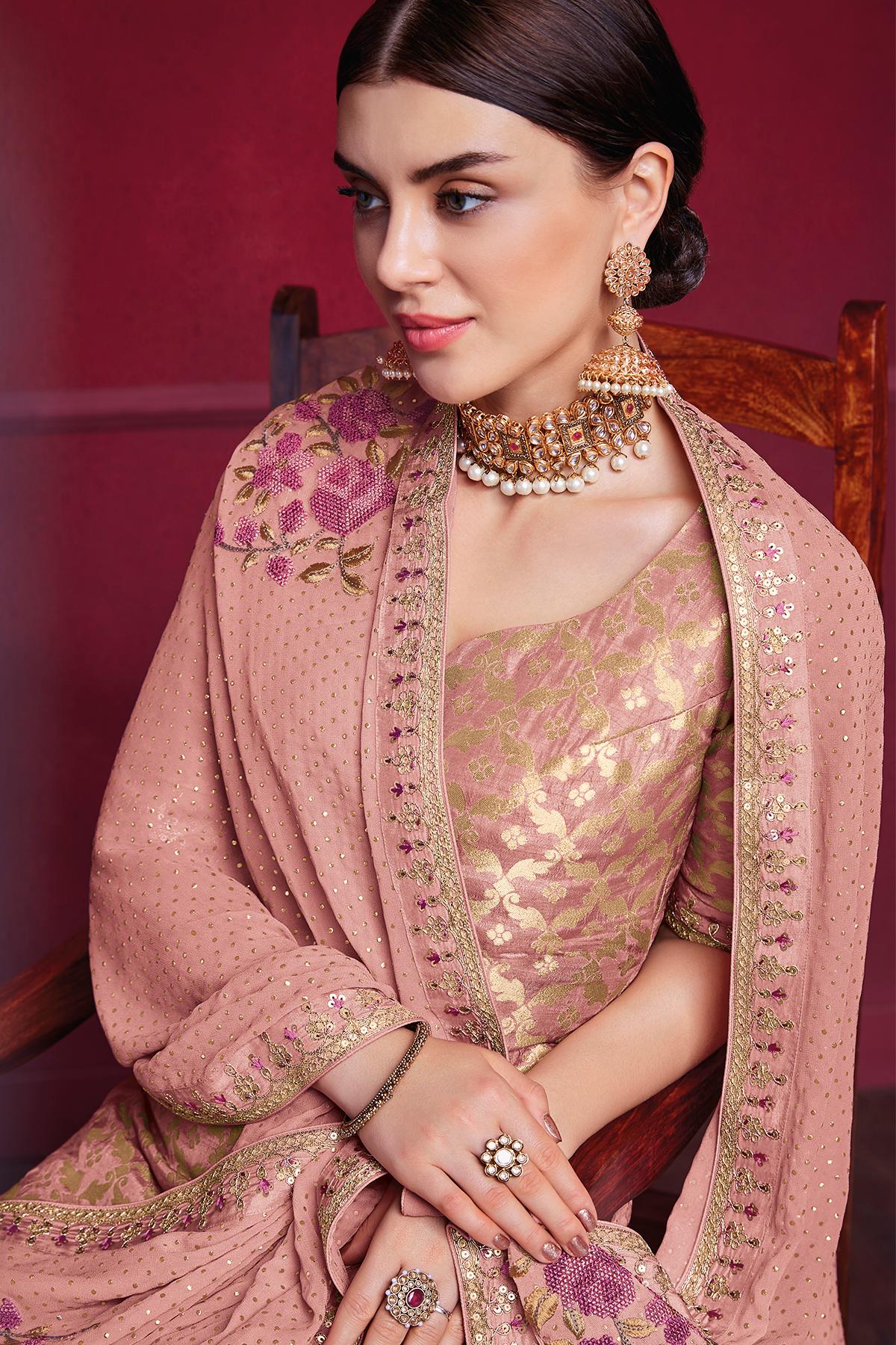 Onion Pink Designer Dola Silk Palazzo Suit