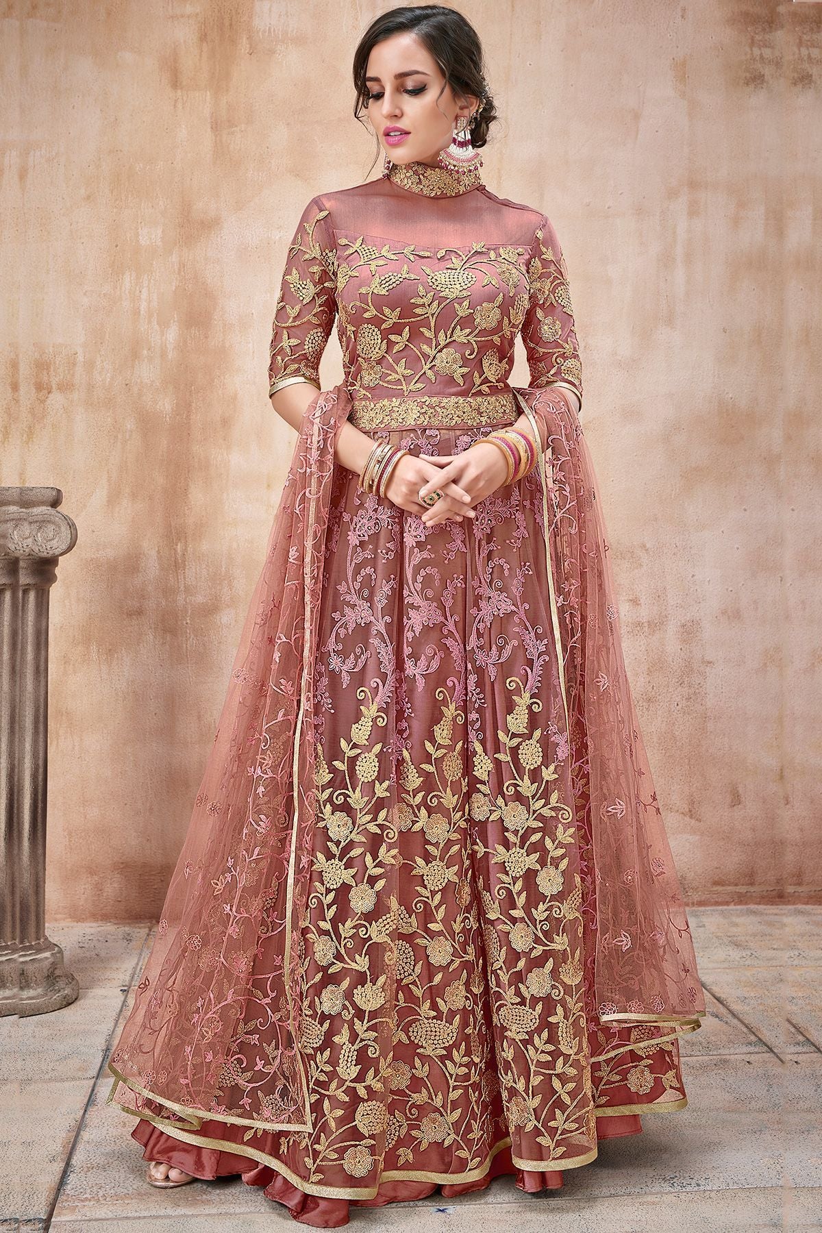 Onion Pink Embroidered Net Anarkali Suit