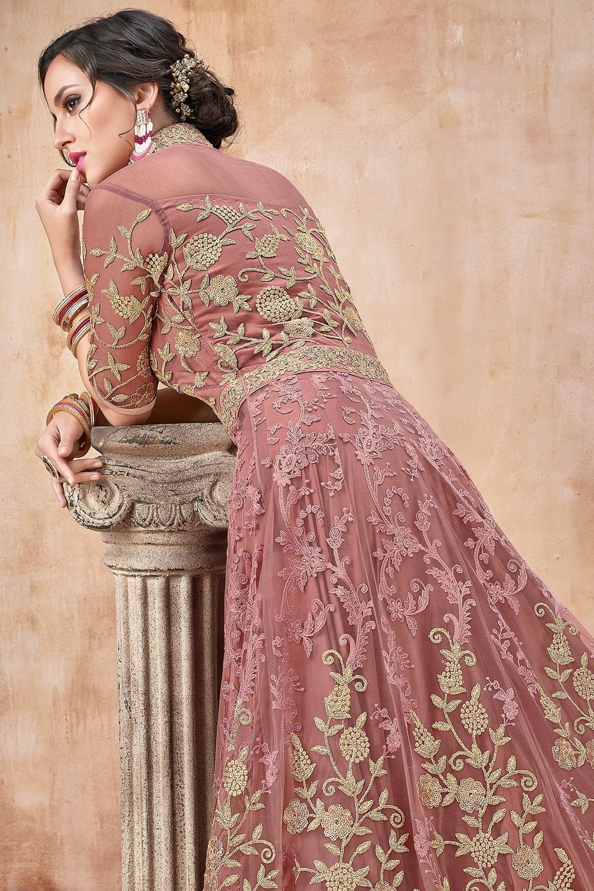 Onion Pink Embroidered Net Anarkali Suit